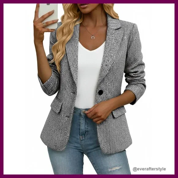 Herringbone Tweed Blazer Slim Fit Notched Lapel Office Work Jacket Classic - Picture 1 of 7